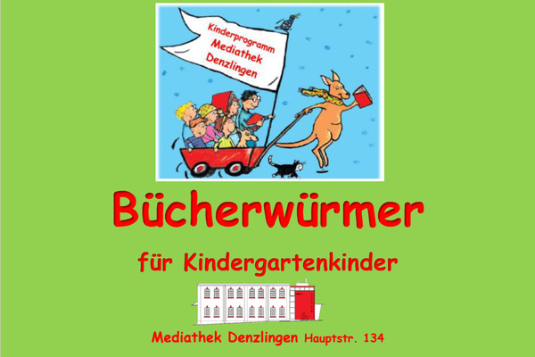 Bücherwürmer - Mediathek Denzlingen, rote Schrift auf grünem Untergrund Bücherwürmer - Mediathek Denzlingen, rote Schrift auf grünem Untergrund