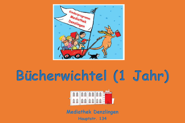 Bücherwichtel Mediathek Denzlingen - blaue Schrift auf orangenem Untergrund Bücherwichtel Mediathek Denzlingen - blaue Schrift auf orangenem Untergrund